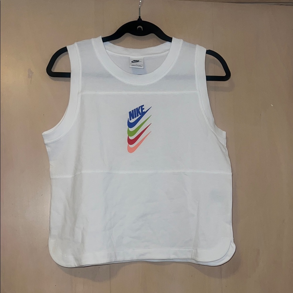 Nike White Tank Top with Blue, Green & Coral Swooshes